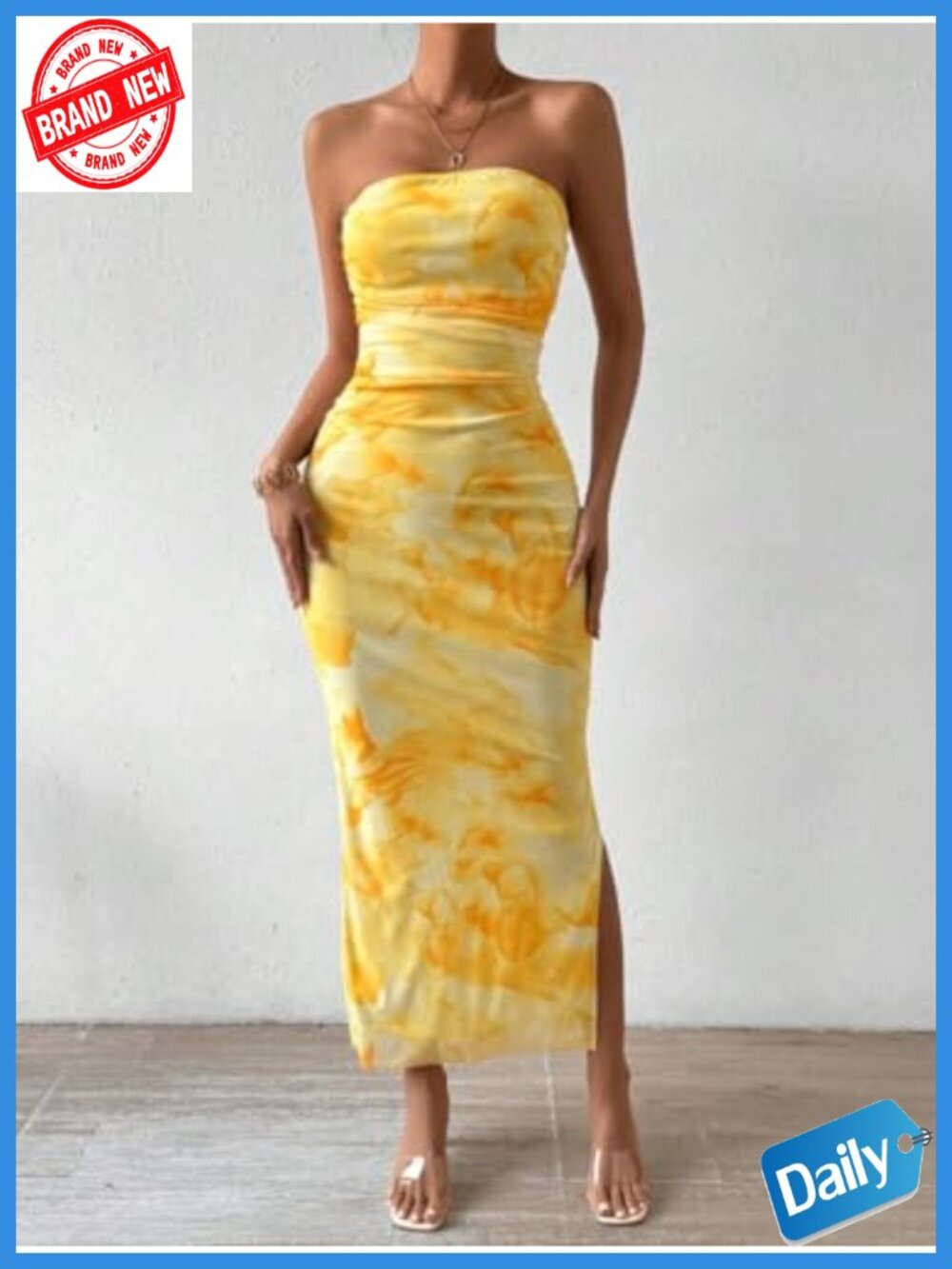 Strapless Tube Bodycon Maxi Dress with Side Slit and Mesh Layering - Picture 5 of 6